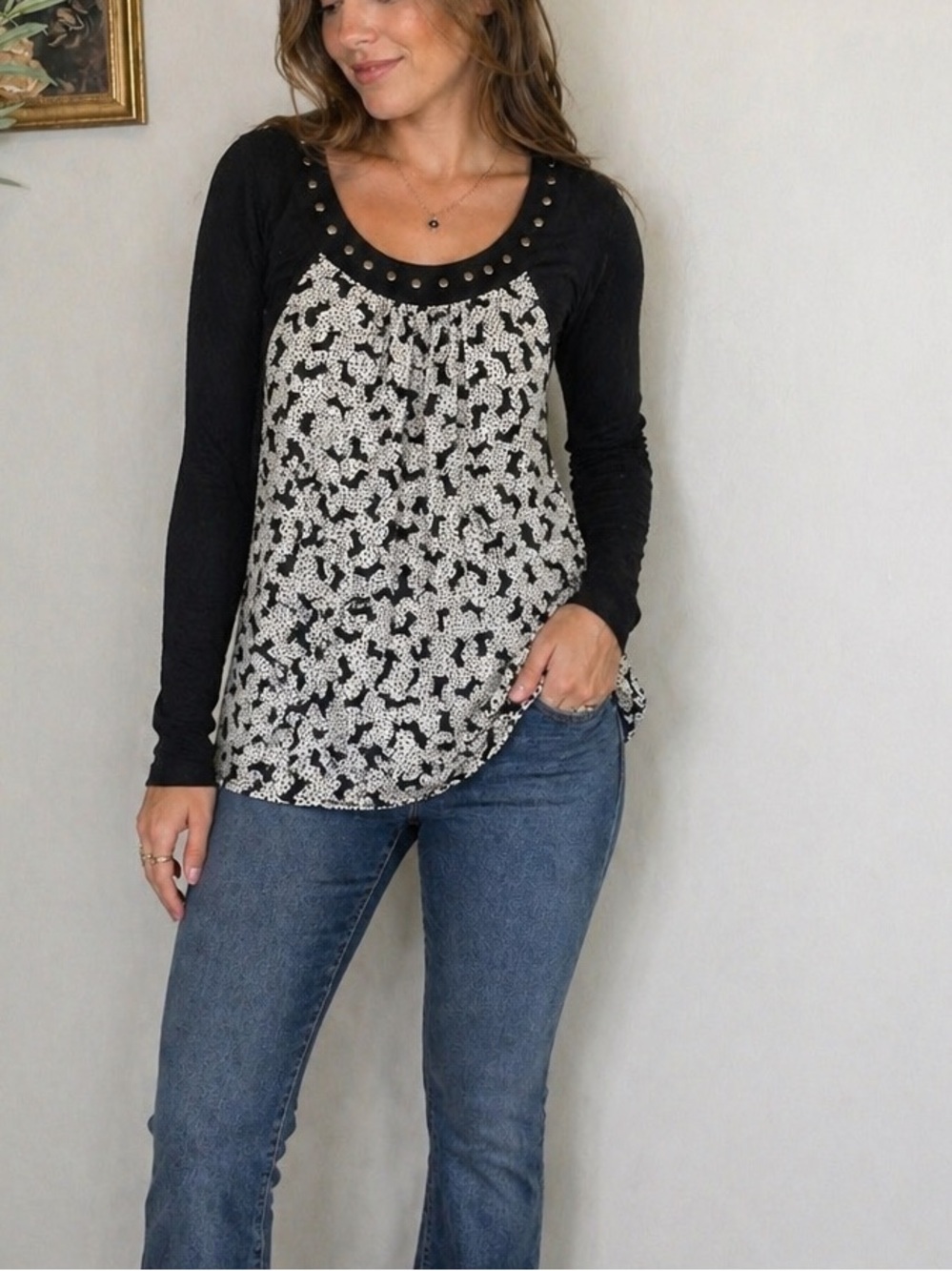 Fornarina Black & White Polka Dot Graphic Print Studded Tunic Top